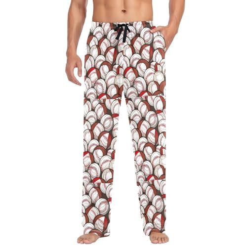 Men's Baseball Balls Pattern Pajama Pants with Pockets - Straight Fit Cotton Sleep Bottoms for Lounge & Nightwear#34