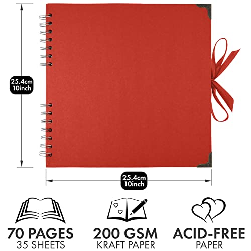 Bstorify 25.4 x 25.4 Cm Scrapbook Album 70 Pages Red Thick Kraft Paper Corner Protectors, Ribbon Closure - Image 2
