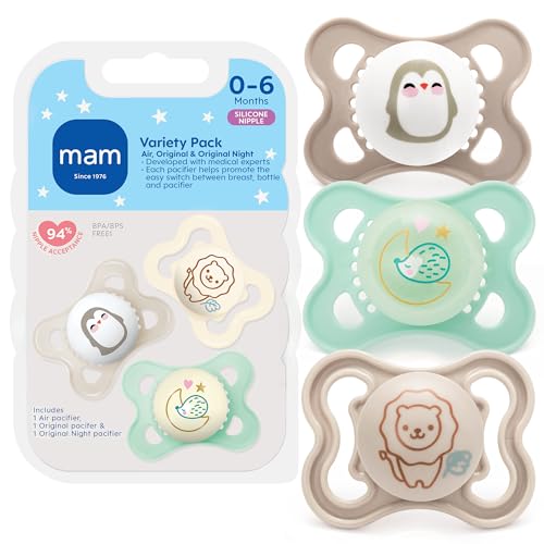 Image of MAM Variety Pack Baby Pacifier, Includes 3 Types of Pacifiers, Nipple Shape Helps Promote Healthy Oral Development,0-6 Months, Unisex, 3 Count (Pack of 1)