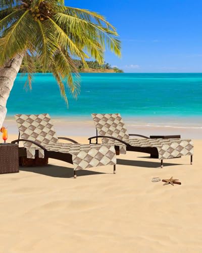 Vintage Brown Beach Chair Cover with Side Pockets, Microfiber & Quick Dry Pool Chaise Lounge Chair Towels Covers for Sun Sunbathing Patio Garden Hotel, Contemporary Luxurious Yellow Geometric Art