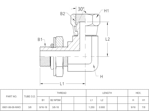 Image of (2-PACK) 6901-06-06-NWO Hydraulic Hose Adapter Fitting 3 /8 inchMale Adjustable Nut O-Ring Boss(9 /16 inch-18UNF)x3 /8 inchFemale Swivel(3 /8 inch-18NPSM)90 Elbow SAE Pipe Joints Tube Connector Carbon Steel