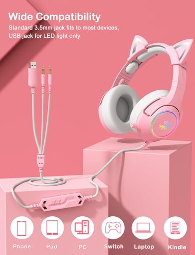 PHNIXGAM Gaming Headset for PS4, PS5, Xbox One Series X/S(No Adapter), PC, Laptop, 3.5mm Cat Ear Headphones with Retractable Microphone, RGB Backlight and Surround Sound (Pink) - Image 8