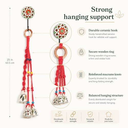 Image of KAAMERI BAZAAR Macrame Wind Chimes Enhance Living Space for Diwali (4 Bells, 1 Ring Tied with Red Macrame Thread)