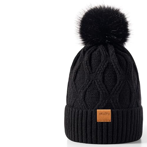 Jikuzfu Womens Winter Beanie Hat with Pom Pom，Cute Warm Knit Hat Warm Fleece Lined Knitted Soft Ski Cuff Cap Black