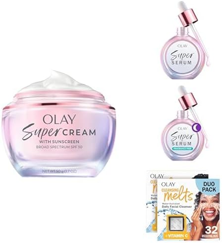 Olay Super Skin Care Bundle with Cleansing Melts Face Wash - Super Cream with Sunscreen SPF 30 (1.7 oz), Super Serum Day (1.0 oz) + Night Repair (1.0 oz), Vitamin C Cleansing Melts (64 ct)