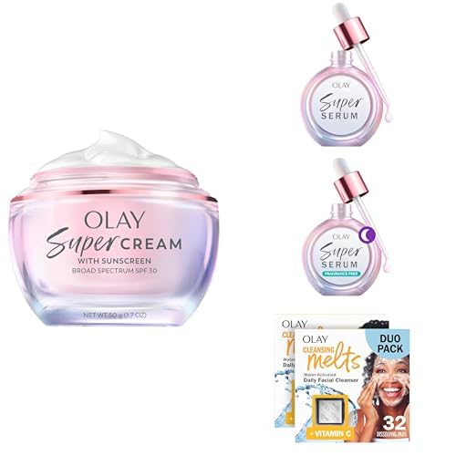 Olay Super Skin Care Bundle with Cleansing Melts Face Wash – Super Cream with Sunscreen SPF 30 (1.7 oz), Super Serum Day (1.0 oz) + Night Repair (1.0 oz), Vitamin C Cleansing Melts (64 ct)