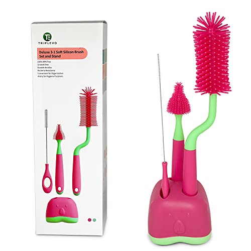 Image of Triplevo 3 in 1 Silicone Baby Bottle Cleaning Brush Kit with Stand – Baby Cleaning Brush Set for Baby Milk Bottles Straws Breast Pumps & Other Accessories – Capable to 360° Overall Cleaning (Pink)