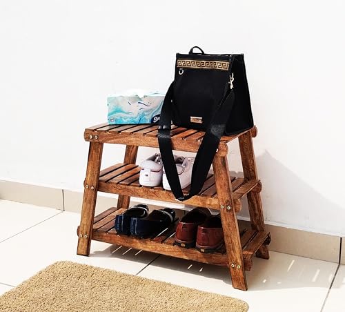 Image of Three-Tier Solid Wood Shoe Rack for Home and Hallway Shoe Organizing & Sitting Bench Use. (1, Triangle)