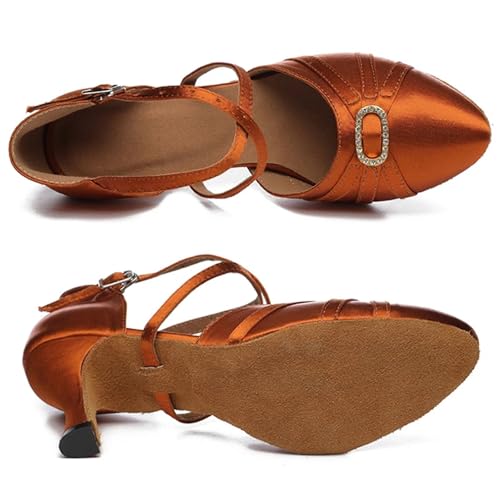 Dancing Shoes for Woman Latin Dance Shoes Ladies Salsa Tango Ballroom Party Sneakers Bronze Rhinestone Satin Girls Sandals(Outdoor 6cm Heel,43)3