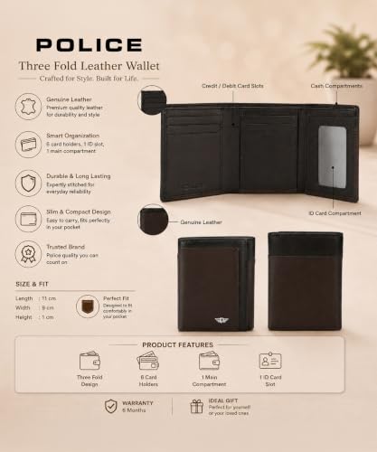 Image of Police Men's Genuine Leather Trifold Wallet with 6 Card Slots | Slim Compact|ID Card window|2 Slip Pockets|Gift Box Packaging