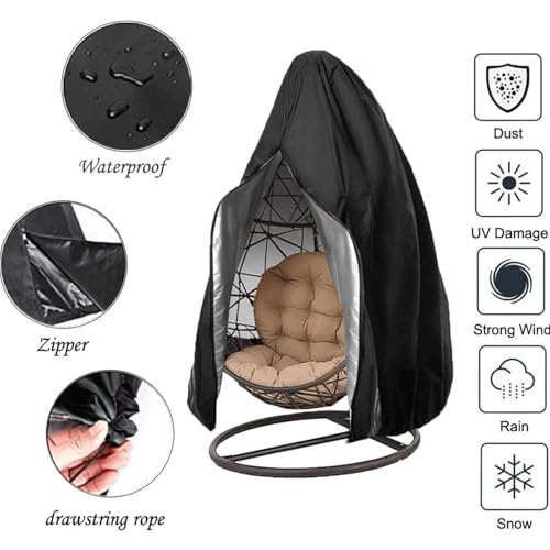اغطية لكراسي الفناء بتصميم بيضة من ايزي باي تيك مع سحاب، اغطية كرسي ارجوحة على شكل بيضة من الخوص مقاومة للماء وشديدة التحمل ومقاومة للعوامل الجوية، غطاء كرسي معلق مقاوم للرياح، 190 × 115 سم، اسود