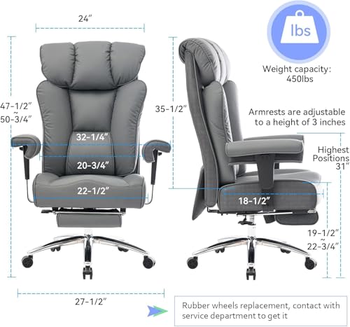 Image of Efomao Ergonomic Office Chair 450LBS with Foot Rest, High Back PU Leather Executive Office Chair with Adjustable Armrests, Lumbar Support for Home or Work, Computer Chair, Grey
