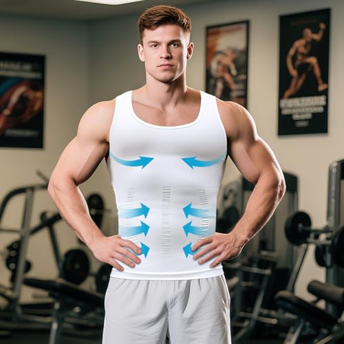 Mens Compression Shirt Slimming Body Shaper Vest Workout Tank Tops Abs Abdomen Undershirts White
