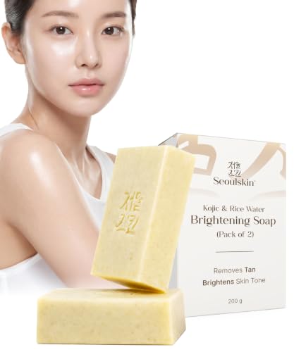 Image of Seoulskin Kojic & Rice Water Brightening Soap | Pack of 2 | Glowing & Brightening Soaps for bath | For Pigmentation, Dark Spots, Sun Damage | Tan Removal Soap Bar for men and women | Brightens Underarms | Paraben Free | All Skin Types | 2 X 100g