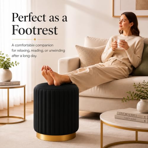 Image of Designer Velvet Round Footstool Ottoman with Sturdy Gold Metal Band Base for Home Decor & Extra Seating, Lightweight Pouf Stool for Sofa Side & Bedroom, 16x16x17 Inch (Black)