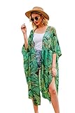 Hibluco Women's Long Floral Kimono Printed Cardigan Sheer Swimsuit Cover Ups
