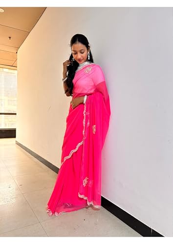 Image of Women's Banarasi Silk Georgette Saree Featuring Silver Sequin And Mirror Work
