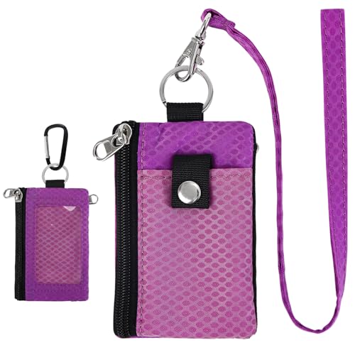 Image of MASAPHlL Small Lanyard Wallet for Women /Men with RFID Blocking ID Card Wallet, Minimalist Nylon Zipper Pouch, Travel Neck Wallet with Keychain, ID Window for Card,Coin,Cash (Pink-Purple+Fuchsia)