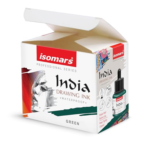 Image of Isomars Waterproof Drawing Ink with Dropper - 35ml | India Ink for Calligraphy, Art, Technical Drawing | Fade-Resistant & Quick-Drying (Green)