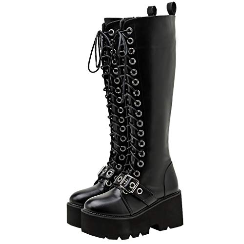 Parisuit Women's Knee High Goth Platform Buckle Boots Chunky High Heel Lace Up Punk Combat Boots with Chain