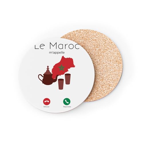 sous Verre Ronds Base Liège- Le Maroc m'appelle Culture Drapeau Voyage - 1 unité (95 x 95 mm)