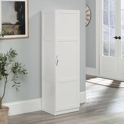 Image of Sauder Miscellaneous Tall Storage Cabinet, Kitchen Pantry, Single Door with Adjustable Shelves, White Finish