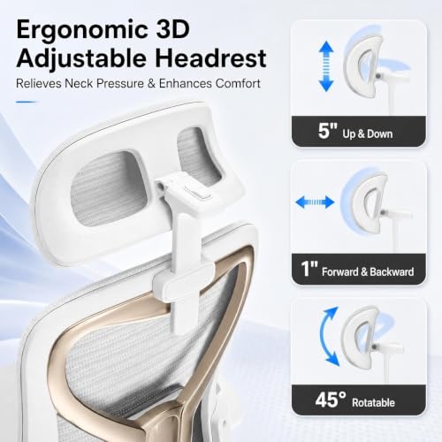 Image of Ergonomic Office Chair for Long Hours and Back Pain Relief, Space-Saving Design with Adjustable Lumbar Support, Flip-Up Arms, 3D Headrest, Tilt & Rock, 330 LBS, White /Gold