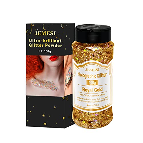 Holographic Chunky Glitter, 100G Royal Gold Cosmetic Craft Glitter For Epoxy Resin, Nail Sequins Iridescent Flakes, Body, Face, Hair, Nail, Glitter Slime Making #TOP6