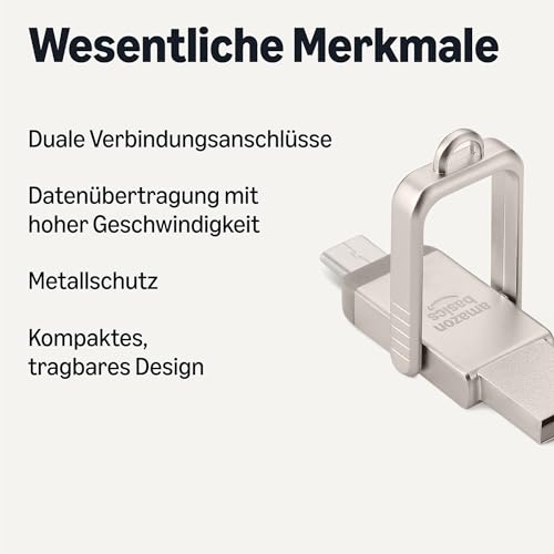 Amazon Basics USB-Speicherstick, USB-Stick mit zwei Anschlüssen (USB-C und USB-A), 128GB, Champagner-Silber – Ansicht 2