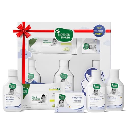 Mother Sparsh Natural Care Gift Set for Babies | Baby Gift Box of 5 | Baby Wipes (40Pcs), Baby Lotion (100ml), Baby Head to Toe Wash (100ml), Baby Shampoo (100ml) & Baby Soap (75g)