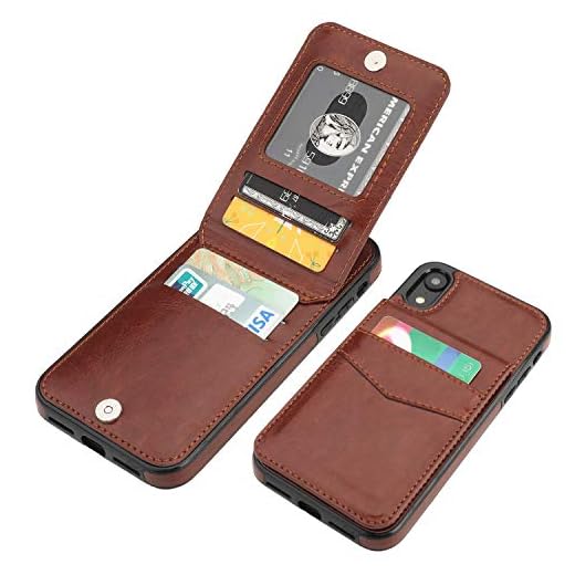 KIHUWEY iPhone XR Case Wallet with Credit Card Holder, Premium Leather Magnetic Clasp Kickstand Heavy Duty Protective Cover for iPhone XR 6.1 Inch(Brown)