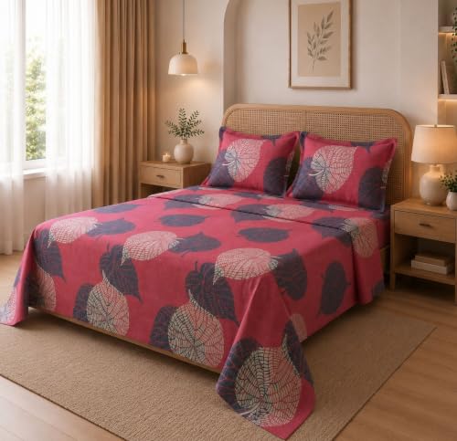Image of HOMEKART Glace Cotton 160 TC LeafPrinted Double Bedsheet with 2 King Size Pillow Covers | Soft & Durable | 86 x 88Inches (Rose Pink)