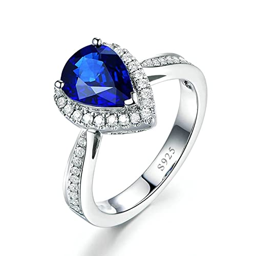 Promise Rings for Her | Real Sterling Silver Ring with Pear Cubic Zirconia Blue for Women