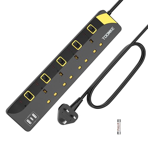 Extension Lead with Individual Switches 4 Way 3 USB 8M Black 8M Extension Lead with USB C Slots, 4 Way (13A/3250W) Plug Extension Socket with 2 USB A & 1 USB C, Mountable Power Strip