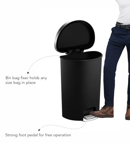 Image of Obsessions EKO 55L Semi-Round Plastic Step Bin with Pedal, Large Capacity Trash Can Ideal for Home, Kitchen and Office, Black