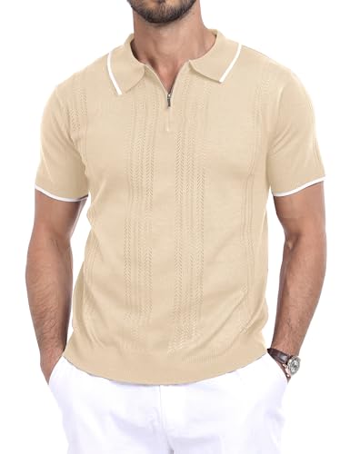 Vofssogg Men's Zipper Polo Shirts, Casual Short Sleeve, Hollow Out Knit, Lightweight Golf Shirt (US, Alpha, Medium, Regular, Regular, Light Tan)