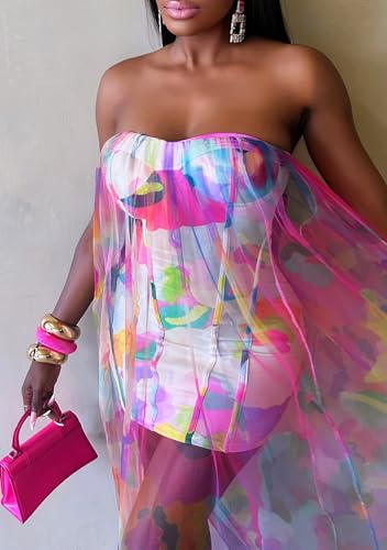 Image of Summer Elegant Strapless Maxi Dress Tube Top Dress Bodycon Flowy Long Mesh Wedding Party Cocktail Mini Dresses