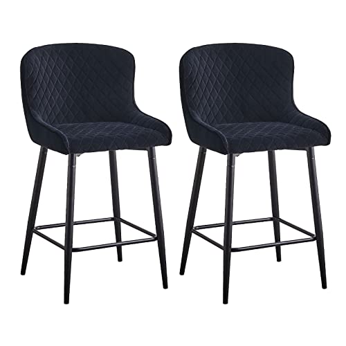OFCASA Lot de 2 tabourets de bar en velours avec accoudoirs capitonnés Motif losanges Noir Hauteur 65 cm Cover