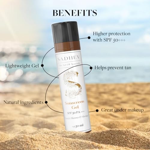 Image of SADHEV Sunscreen Gel SPF 50 PA+++ Gel | Broad Spectrum UVA & UVB Protection | No White Cast | Non-Comedogenic | Reduces Pigmentation & Blemishes | Zinc Oxide, Moringa & Liquorice | 50ml