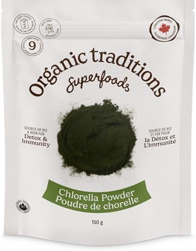 Chlorella Powder Organic Traditions, Canadian Owned , 150g / 5.3oz - Broken Cell Wall - Green Algae Super Food Greens Powder - Nutrient Dense with antioxidants, vitamin B12, vitamin A & iron - USDA Organic & Kosher