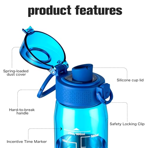 Image of GOPPUS 20oz Kids Water Bottle with Time Marker & Handle, Tritan BPA-Free, Reusable Leakproof Anti-Dust Everyday,Clear Kids Water Bottles For School,Car Travel, Gifts Boys Girls(Blue)