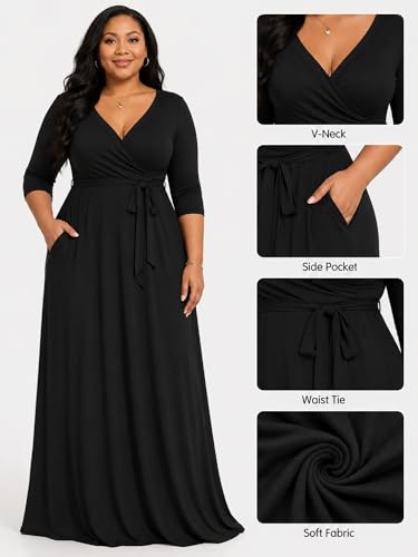 Image of PinkPatty Women's Plus Size Maxi Dress Casual 3 /4 Sleeve Dress with Belt | Soft stretch feel, printed style, flowy A-line fit, v neck, waist tie, side pockets, for vacation, party and daily wear