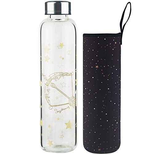 DEARRAY Botella de Vidrio borosilicato con Estampado de 12 Constelaciones 500ml / 1000ml / 1 Litro, Botella de Agua de Cristal con Funda de Neopreno y Elegante Tapa de Acero Inoxidable Cover