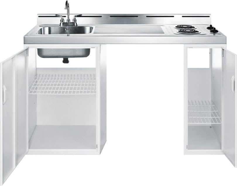 Summit Appliance C60ELNR 60" Wide All-In-One Kitchenette; Stainless Steel Backguard; Sink and Faucet; Storage Compartments; Ships Fully Assembled; 115V Operation with Pre-installed Cords