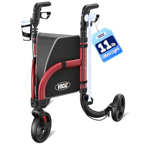 VOCIC 3 Wheel Walkers for Seniors Z25 Foldable Rollator with 8 All Terrain Tires Cane Holder & Cup Holder Lightweight Three Wheel Rolling Walker Height Adjustable Supports 300 lbs