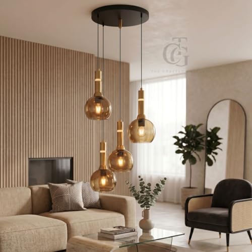 Image of Set of 4-Heads Bowl-Shaped Glass Hanging Pendant Light|Modern Bowl Cluster Ceiling Lamp with Metal Base|Amber-Glass for Living Room, Dining & Cafe