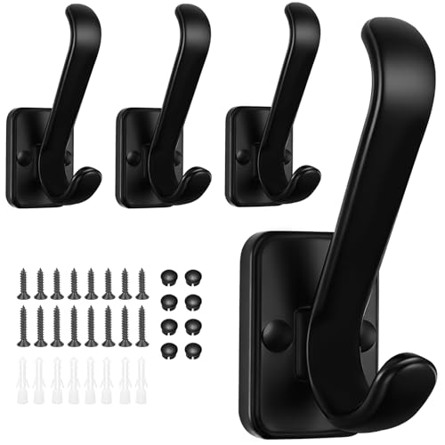 SecretHard Coat Hooks Heavy Duty - Metal Wall Hooks Wall Mount with Concealed Screw Design Matte Black Hooks for Hanging Towel Key Robe Scarf Entryway Closet Mudroom Bathroom (4 Black)