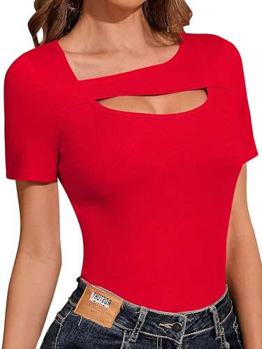 LIXHULT Short Sleeve Shirts Women Ribbed One Piece Cutout Tops Fashion Slim Fitted Clothes(S-Red,L)