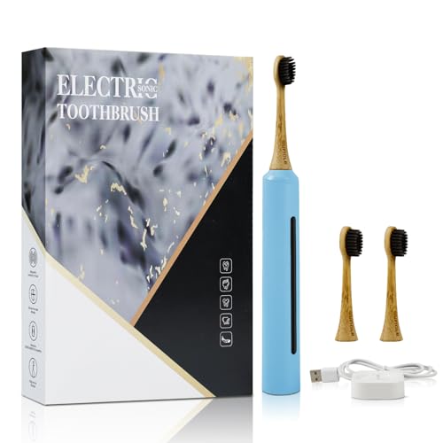 GUFICLE Bamboo Electric Toothbrush for Adults丨Rechargeable Electric Toothbrush with 3 Non Toxic Charcoal Infused Bamboo Brush Heads, 5 Cleaning Modes, 60 Days Battery Life, IPX7 Waterproof-Blue