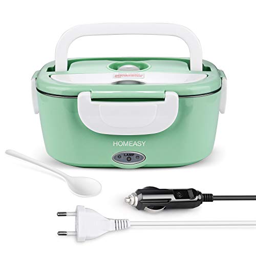 homeasy Boîte Chauffante Électrique, Lunch Box Chauffant 220V 12V Boîte Repas Amovible en Acier Inoxydable 1,5L, Hermétique pour Maison, Voiture, Camping, Bureau, etc. Vert (Vert Menthe)